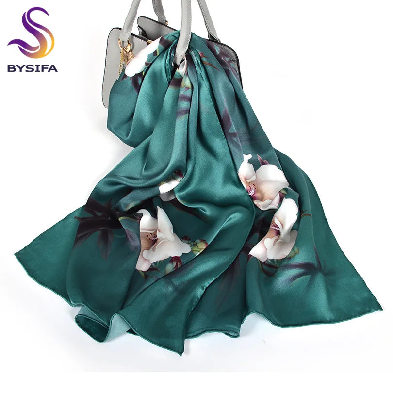 [BYSIFA] New Luxury Pure Silk Scarf Shawl Women Spring Autumn Long Scarves Ladies Brand 100% Silk Neck Scarf Foulard 175*52cm