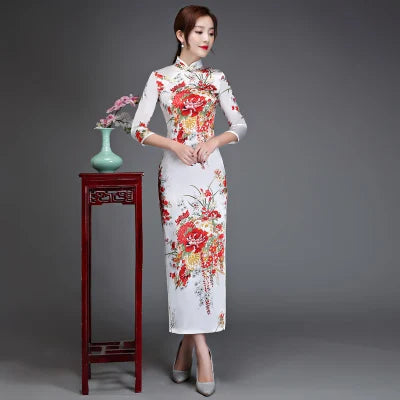 Old Shanghai Elegant Women Satin Qipao Slim 3/4 Sleeve Long Dress New Traditional Chinese Mandarin Collar Cheongsam Vestidos