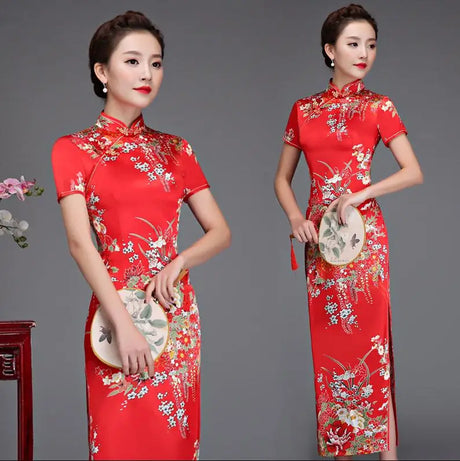 Old Shanghai Elegant Women Satin Qipao Slim 3/4 Sleeve Long Dress New Traditional Chinese Mandarin Collar Cheongsam Vestidos