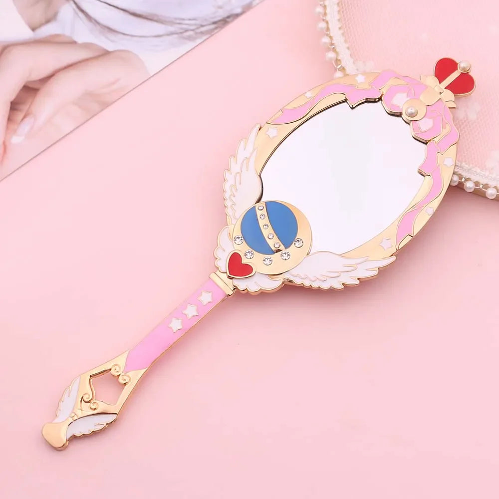 Anime Moon Metal Oval Hand Held Makeup Mirror Ladies Girl Crown Mirror Beauty Dresser Red Blue Makeup Mirror With Crystal