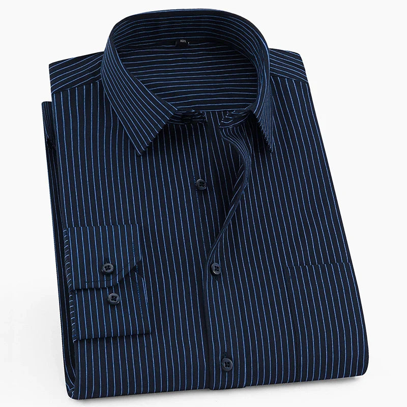 Mens Classic Standard-fit Long-sleeve Dress Shirt with Contrast Button-Front Placket Striped /twill Formal Business Basic Shirts