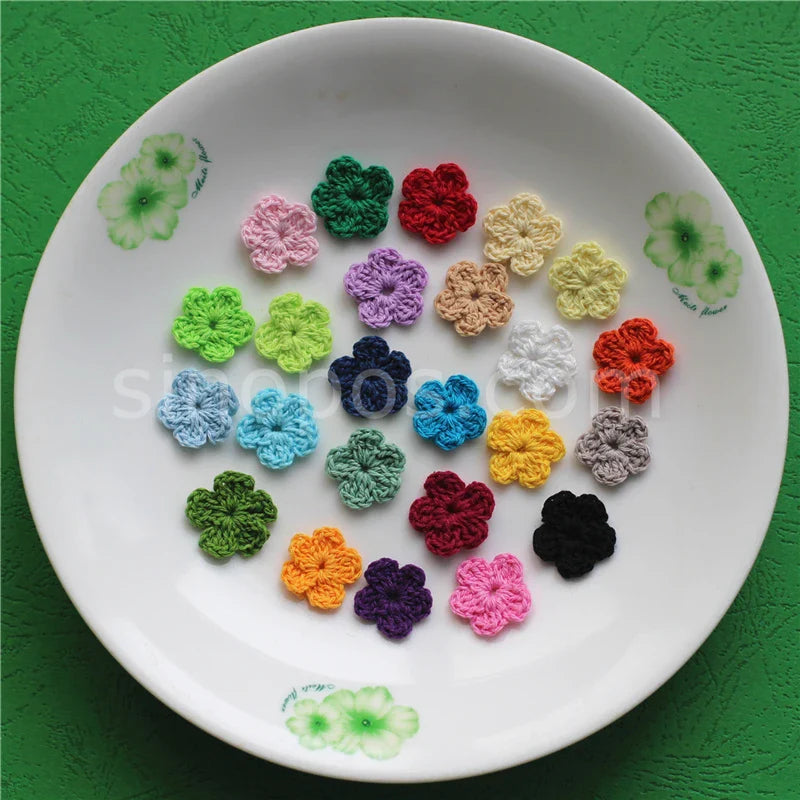 100 Colorfull Handmade Cotton Crochet Flowers, quilt scrapbooking DIY 3D craft knitted fabric flower applique clothes decoration