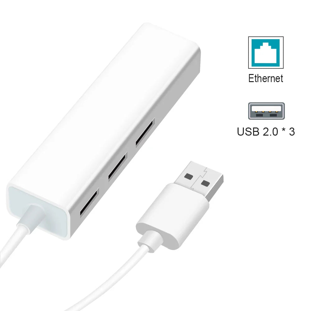 USB Ethernet with 3 Port USB HUB 2.0 RJ45 Lan Network Card USB to Ethernet Adapter for Mac iOS Android PC  RTL8152 USB 2.0 HUB