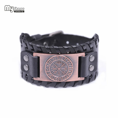 My Shape Wiccan Compass Bracelets Bangles for Men Nordic Runes Odin Symbol Wrap Genuine Leather Bracelet Men‘s Viking Jewelry