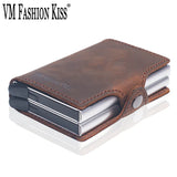 VM FASHION KISS Crazy Horse Leather Mini RFID Wallet Security Information Double Box Porte Carte Credit Card Holder Metal Purse