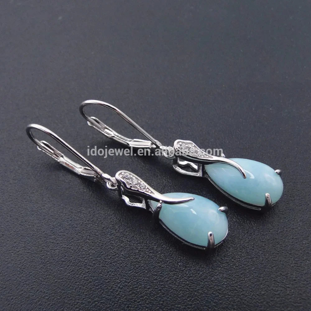 925 Sterling Silver Jewelry Dominica Natural Larimar Gemstone Drop Dangle Earrings for Woman Gift