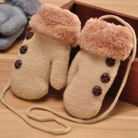 Lovely Winter Children' s Knitting Button Mittens Double Thickening Warm Kids Gloves Boy/Girls Plush Cuffs Fur Wool Gloves L39