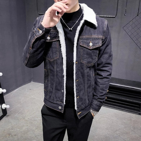 2022 New Winter's Men's Fashion Fleece Thick Pure Color Casual Denim Jacket Male Cotton Slim Vintage Jackets Men Coats