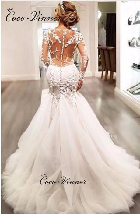 Full Sleeves Illusion Back Lace Mermaid Wedding Dresses Plus Size Custom Made Wedding Dress Lace Embroidery Bride Dress W0037