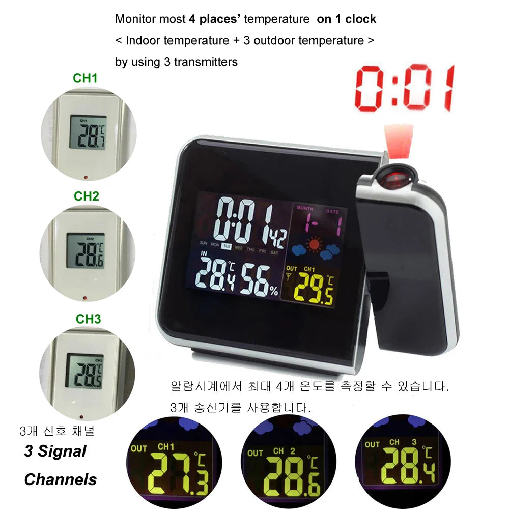 Digital Projection Alarm Clock Weather Station with Temperature Thermometer Humidity Hygrometer/Bedside Wake Up Projector Clock