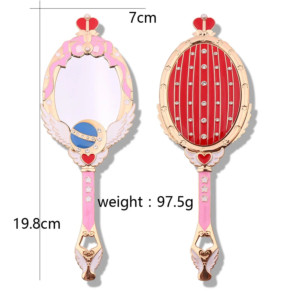 Anime Moon Metal Oval Hand Held Makeup Mirror Ladies Girl Crown Mirror Beauty Dresser Red Blue Makeup Mirror With Crystal