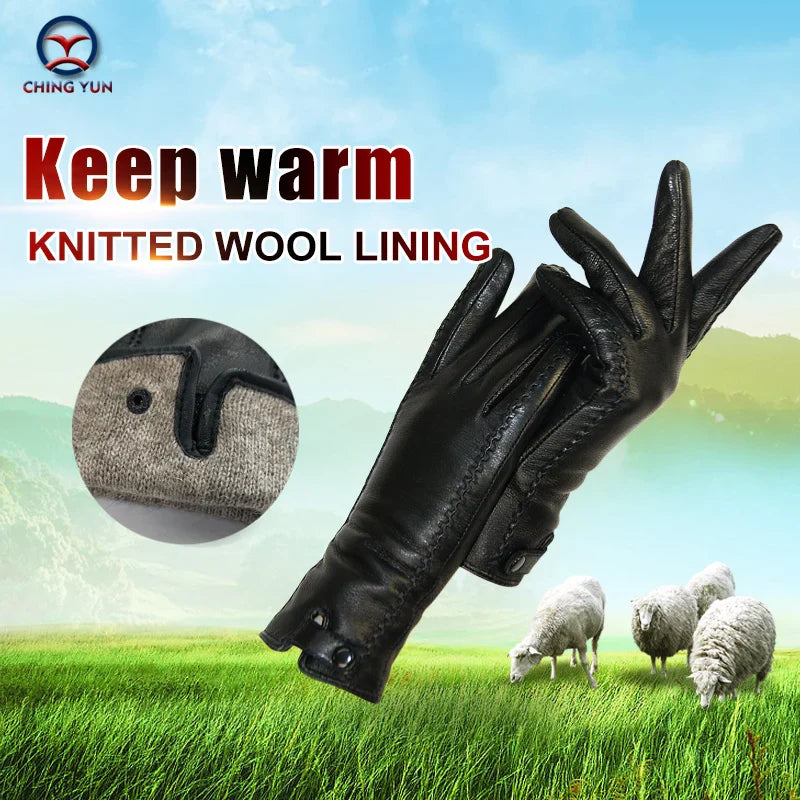 New Women's Gloves Genuine Leather Winter Warm Fluff Woman Soft Female Rabbit Fur Lining Riveted Clasp High-quality Mittens