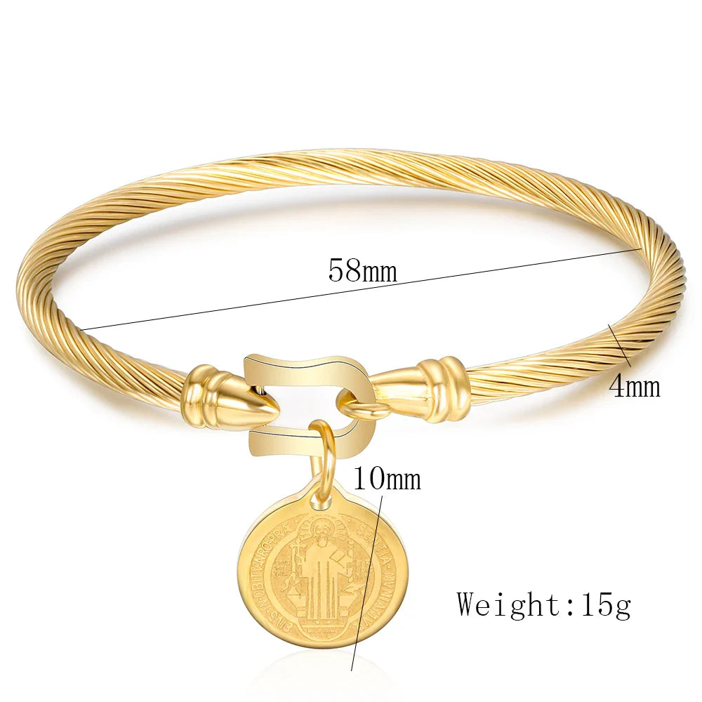 Fashion Cuff Bracelet Bangles With Saint Benedict Charm Pendant Syainless Steel Wire pulseira Jewelry Bracelets For Women