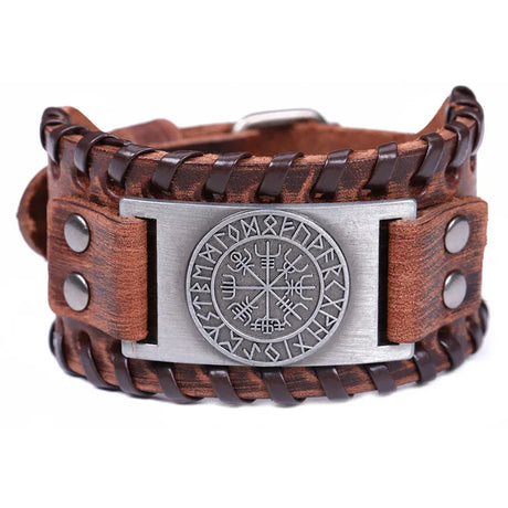 My Shape Wiccan Compass Bracelets Bangles for Men Nordic Runes Odin Symbol Wrap Genuine Leather Bracelet Men‘s Viking Jewelry