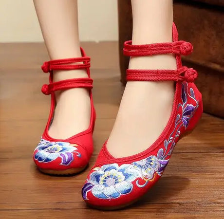 Veowalk Vintage Women Cotton Flower Embroidery Shoes Ladies Casual Chinese Style Comfortable Soft Canvas Dance Ballets Ballerina