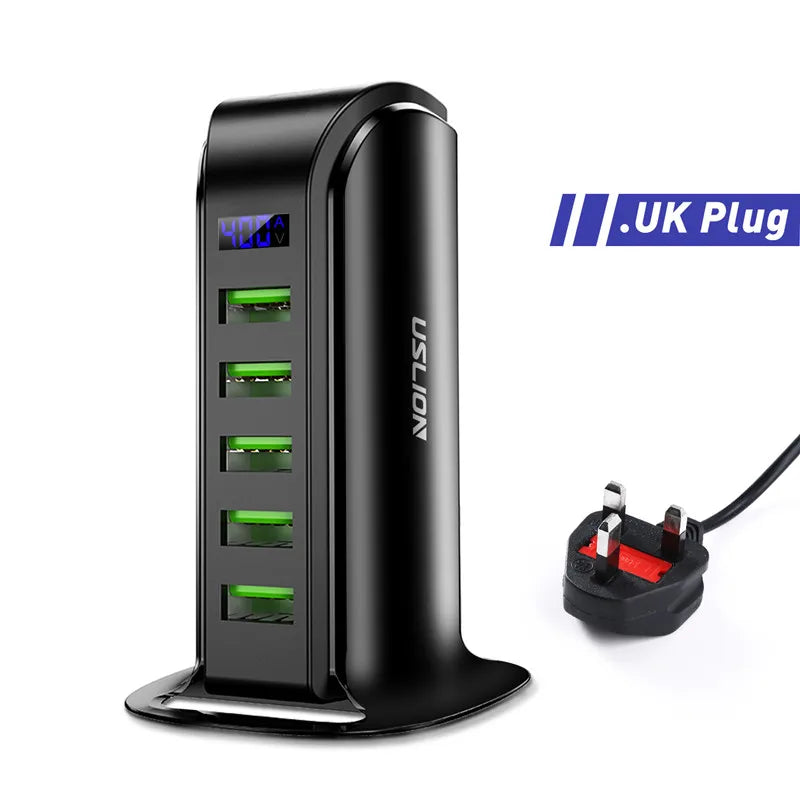 USLION 5 Ports USB Charger HUB LED Display USB Fast Charging Station Dock Mobile Phone Desktop Wall Quick Chargers EU US UK Plug