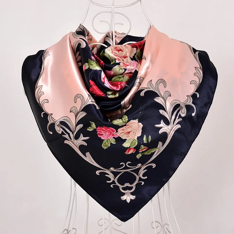 Spring And Autumn Female Satin Scarf,Big Square Scarves Hijabs Printed,Women Scarf,Purple Polyester Silk Scarf Shawl 90*90cm