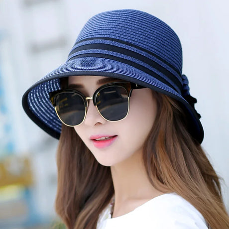 Muchique Boater Hats for Women Summer Sun Straw Hat Wide Brim Beach Hats Girl Outside Travel Straw Cap Casual Bow Hat B-7847