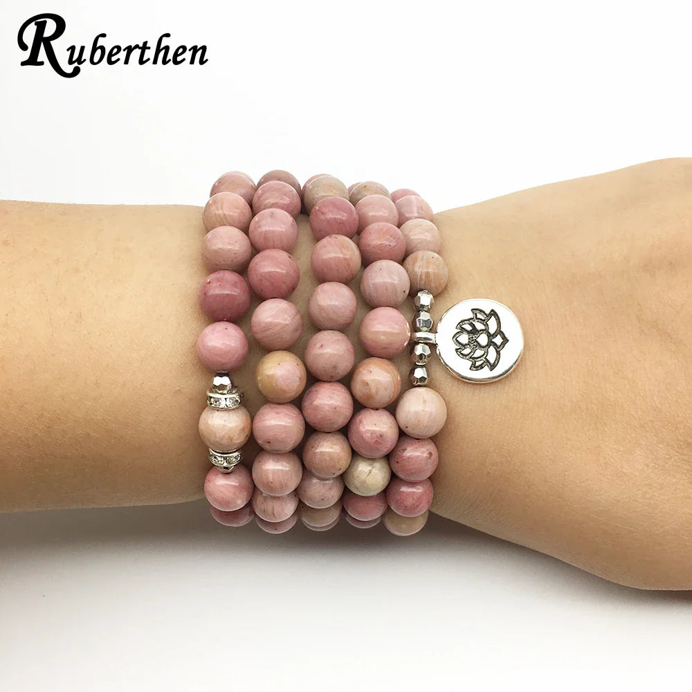 Ruberthen On Sale New Women`s Yoga Bracelet 108 Mala Rhodonite Balance Bracelet Simple Design Healing Spiritual Gift