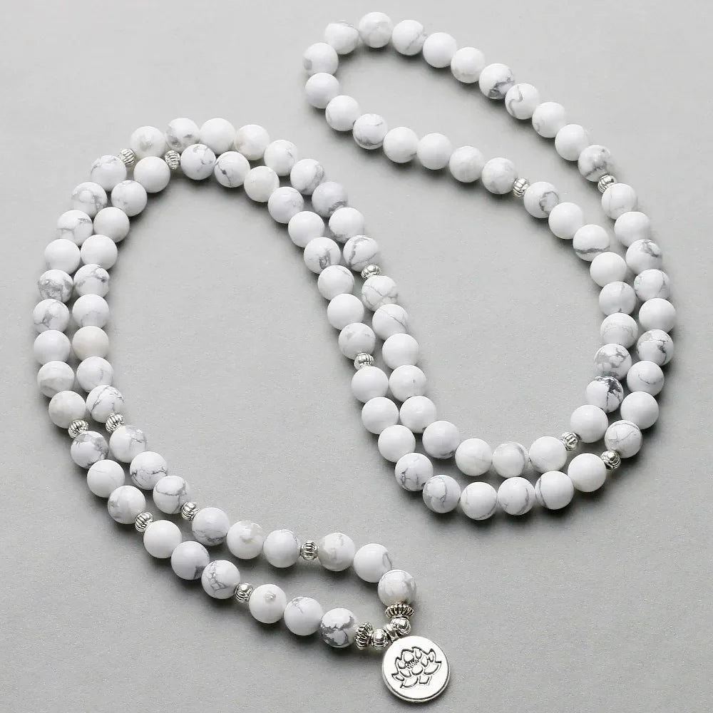 Women`s Bracelet White Howlite  Beads with Lotus OM Buddha Charm Yoga Men Bracelet 108 Mala Necklace Dropshipping Stone Jewelry