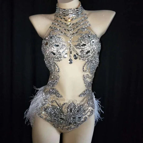 Sparkly Silver Crystals Mesh Bodysuit Women Feather Leotard Outfit Female Bar Dance Stage Party Dance Costume Celebrate Dress