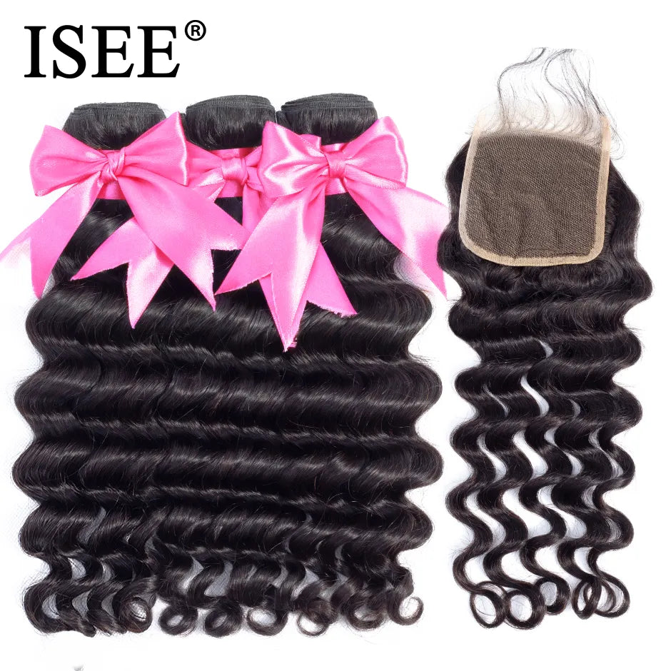 ISEE HAIR Brazilian Loose Deep Bundles With Closure 100% Remy Human Hair Bundles With Closure 3/4 Bundles Hair With Closure 4x4