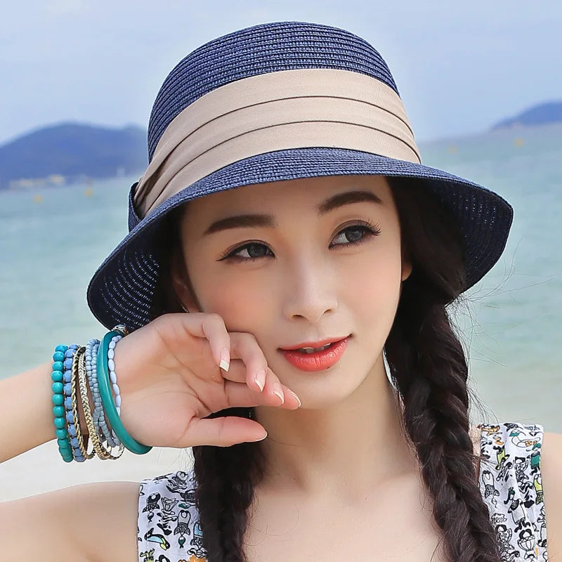 Muchique Boater Hats for Women Summer Sun Straw Hat Wide Brim Beach Hats Girl Outside Travel Straw Cap Casual Bow Hat B-7847