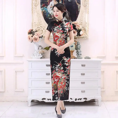 Old Shanghai Elegant Women Satin Qipao Slim 3/4 Sleeve Long Dress New Traditional Chinese Mandarin Collar Cheongsam Vestidos