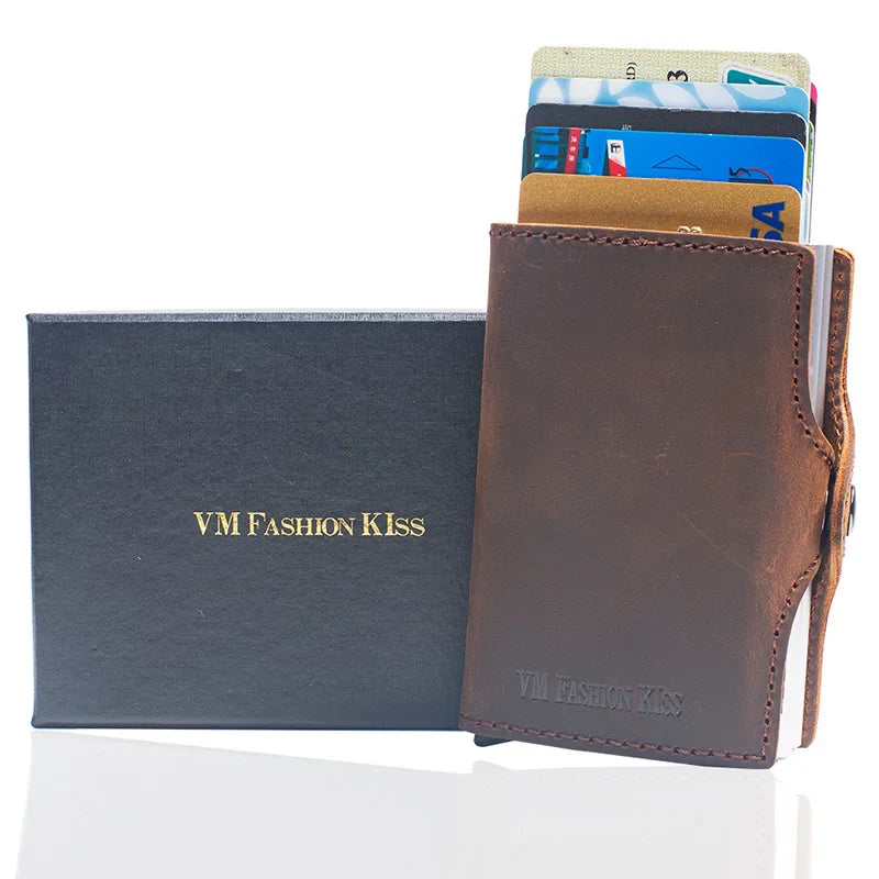 VM FASHION KISS Crazy Horse Leather Mini RFID Wallet Security Information Double Box Porte Carte Credit Card Holder Metal Purse