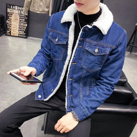 2022 New Winter's Men's Fashion Fleece Thick Pure Color Casual Denim Jacket Male Cotton Slim Vintage Jackets Men Coats