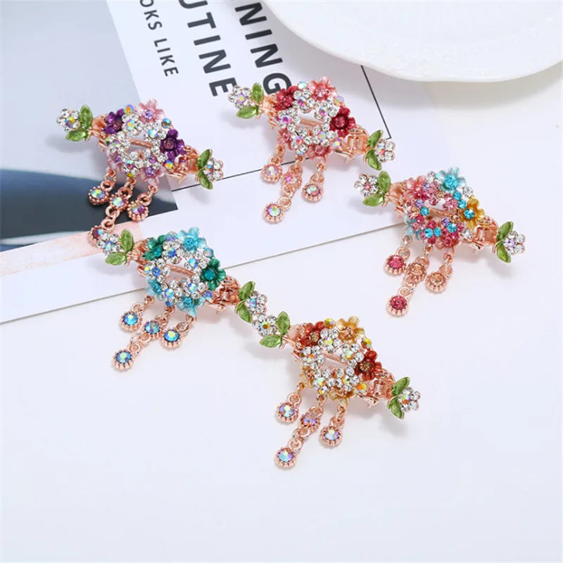 High Quality Colorful Enamel Flower Hair Claws Wedding Ornaments Gold Color Rhinestone Crab Clip For Women Girls Hair Jewelry