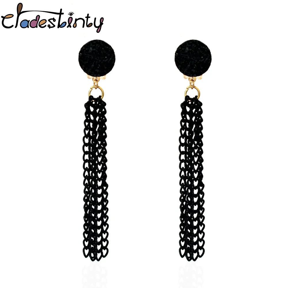 Women Metal Black Long Tassel Chain Earrings No Ear Hole Hanging Druzy Resin Clip Earing Without Piercing