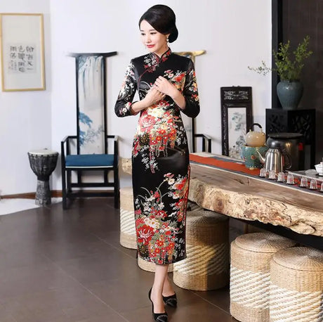 Old Shanghai Elegant Women Satin Qipao Slim 3/4 Sleeve Long Dress New Traditional Chinese Mandarin Collar Cheongsam Vestidos