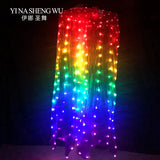 100% Silk LED Rainbow Dance Fans Women Belly Dance Performance Props 1Pair Left+Right Hand White/Rainbow Belly Dance LED Fans