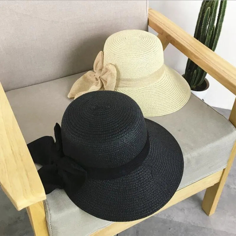 2018 Women's Sun Hat Big Bow Wide Brim Floppy Summer Hats For Women Beach Panama Straw Bucket Hat Sun Protection Visor Femme Cap