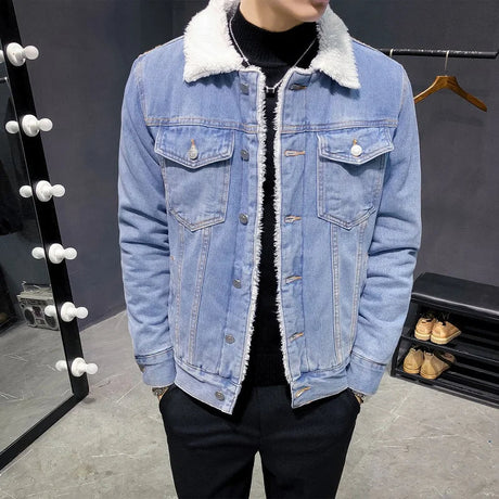 2022 New Winter's Men's Fashion Fleece Thick Pure Color Casual Denim Jacket Male Cotton Slim Vintage Jackets Men Coats