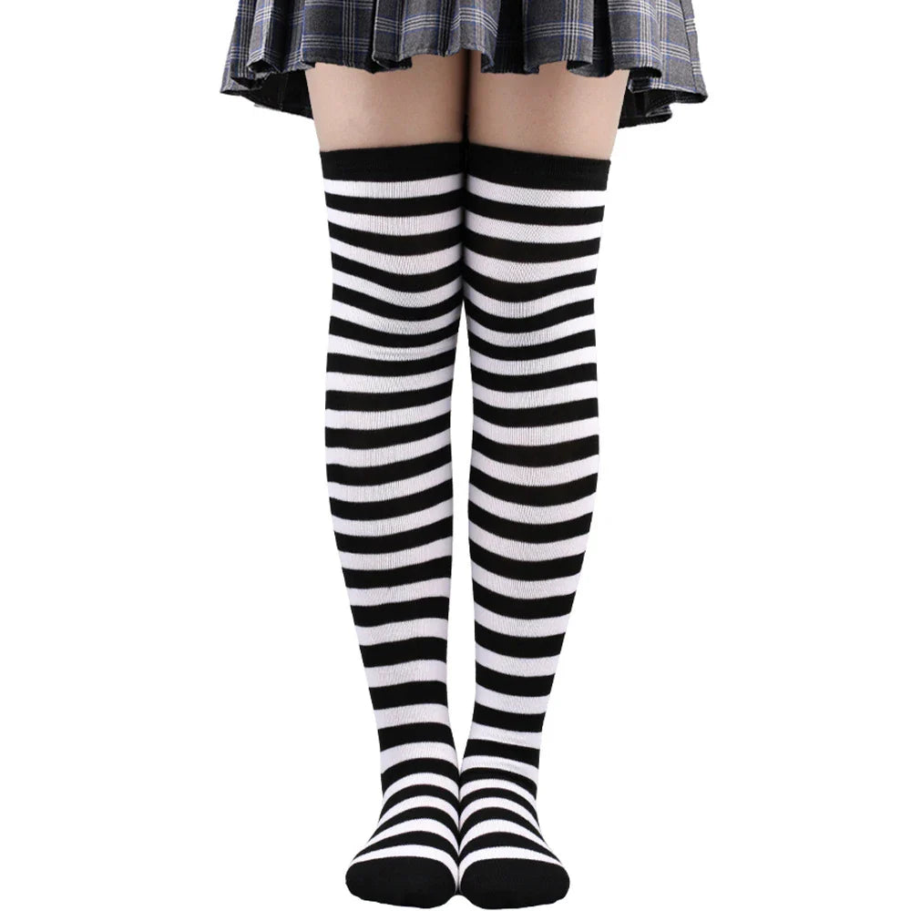 Women's Thigh High Over The Knee Socks For Girls Black White Striped Stockings Long Slouch Socken Kawaii Knit Leg Warmers Soks