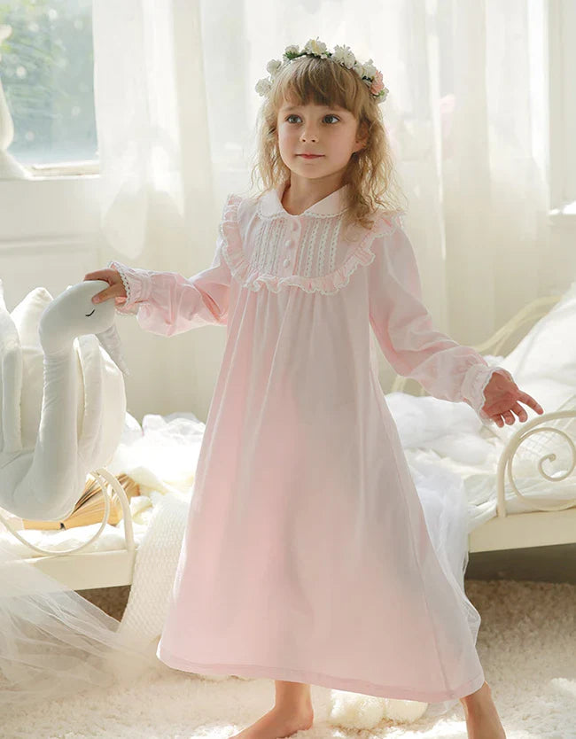 Children Girl's Lolita Pink Pajama Sets.Turndown Collar Tops+Pants.Vintage Toddler Kids Pyjamas set.Royal Style Sleep Loungewear