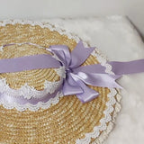 Japanese Lolita Sweet Handmade Straw Sun Hat Lace Patchwork Ribbon Bandage Bowknot Wide Brim Elegant Tea Party Beach Flat D0LF