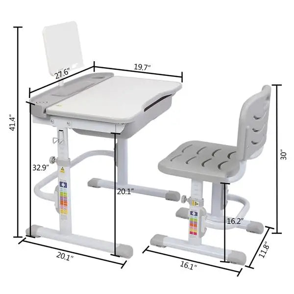 70/80 CM Kids Desk and Chair Set Height Adjustable Children Learning Table Sturdy Desktop Gray With Reading Stand for Boys Girls