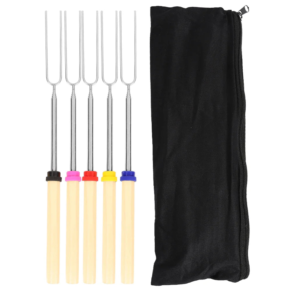 5PCS BBQ Fork Barbecue Cookware Outdoor Roasting Sticks Telescopic U-Shaped Camp Tool for Household Kitchen BBQ Supplies