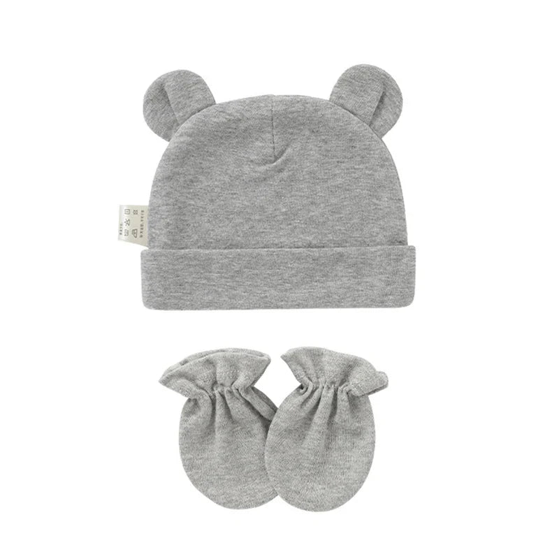 Cute Newborn Birth Set Cotton Soft Baby Nightcap With Ears Fall Winter Hat Gloves 2pcs Kit Prevent Scratching Skin Infant Stuff