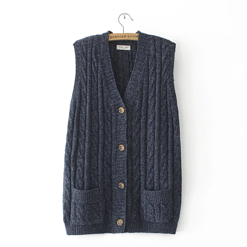 4XL Plus Size Sweater Vest Women Clothing Autumn Winter Loose Jumper V-Neck Two Pocket Knitwear Casual  Twist Cardigan