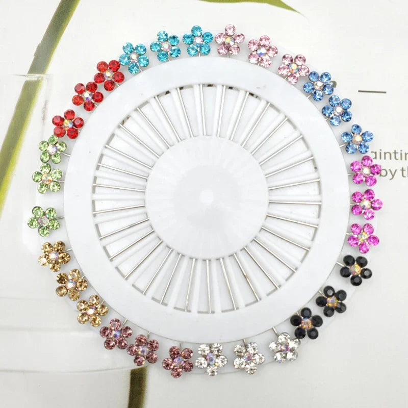 Multicolor Crystal Rhistones Flower Brooch Muslim Islamic Hijab Scarf Abaya Fixed Pins Fashion Jewelry Women's Accessories