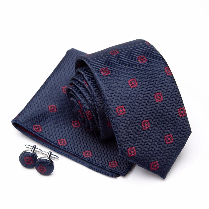 Mens Jacquard Tie Cravat Cufflinks Set Luxury Necktie Fashion Stripe Ties for Men Gift Wedding Dress Handkerchief Accessories