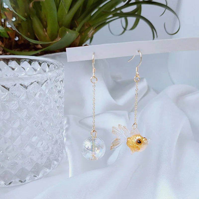 Original Golden Fish Dangle Earrings For Women Creative Bubble Asymmetric Drop Jewelry Earings 2020 Femme Bijoux