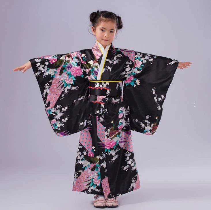 Children Kimono Traditional Japanese Style Peacock Yukata Dress for Girl Kid Cosplay Japan Haori Costume Asian Clothes