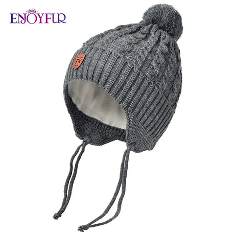 ENJOYFUR Warm Winter Baby Knitted Hats Real Fur Pompom Fleece lined Boy Caps Cute Thick Kids Elastic Earflap Outdoor Ski Beanies