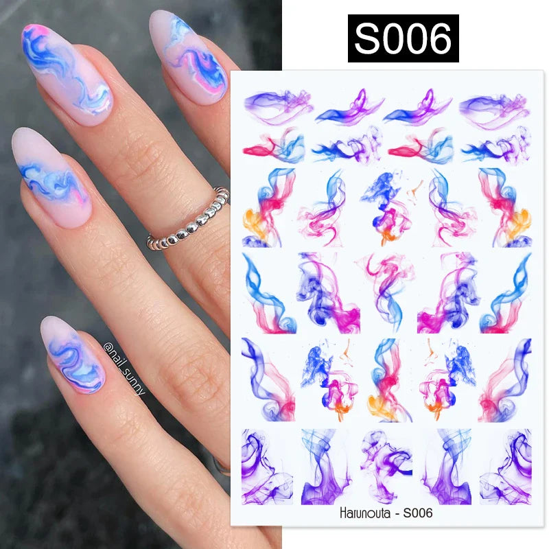 Purple Marble Nails Stickers Smoke Design Manicure Decals Golden Wave Lines Nail Slider Blooming Ink Sticker