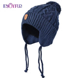 ENJOYFUR Warm Winter Baby Knitted Hats Real Fur Pompom Fleece lined Boy Caps Cute Thick Kids Elastic Earflap Outdoor Ski Beanies